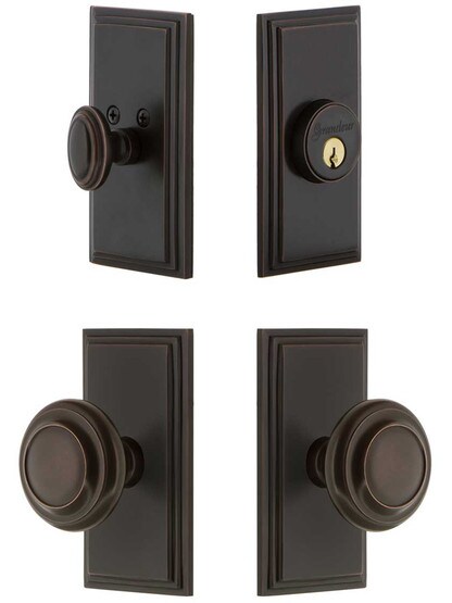 Grandeur Carre Entry Door Set, Keyed Alike with Circulaire Knobs in Timeless Bronze.